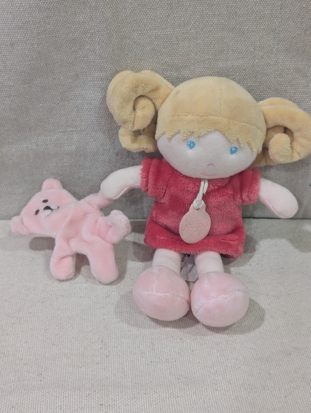 Jolijou Paris My First Doll Soft Plush Doll w/Teddy Bear Pink 8" girly cutesy